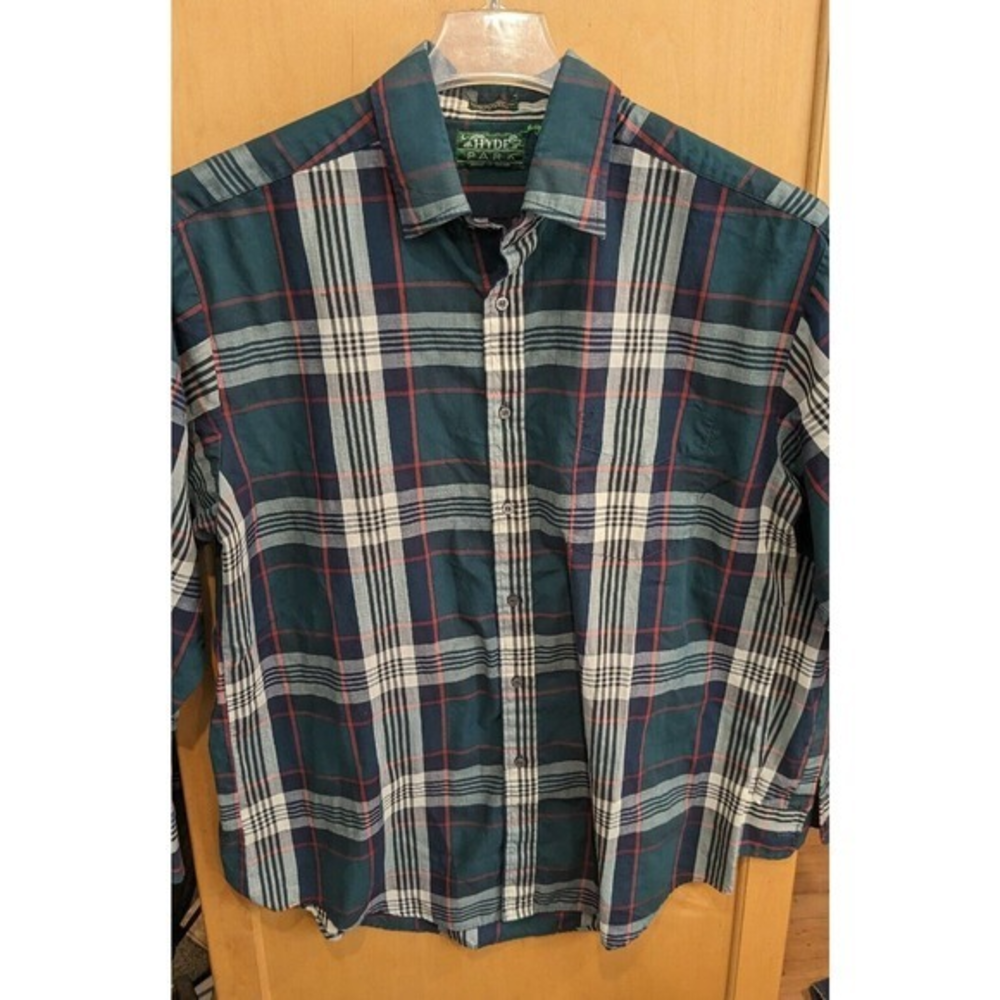 Vintage Hyde Park Men's Button Down Shirt Green‎ Blue Plaid Large 65/35